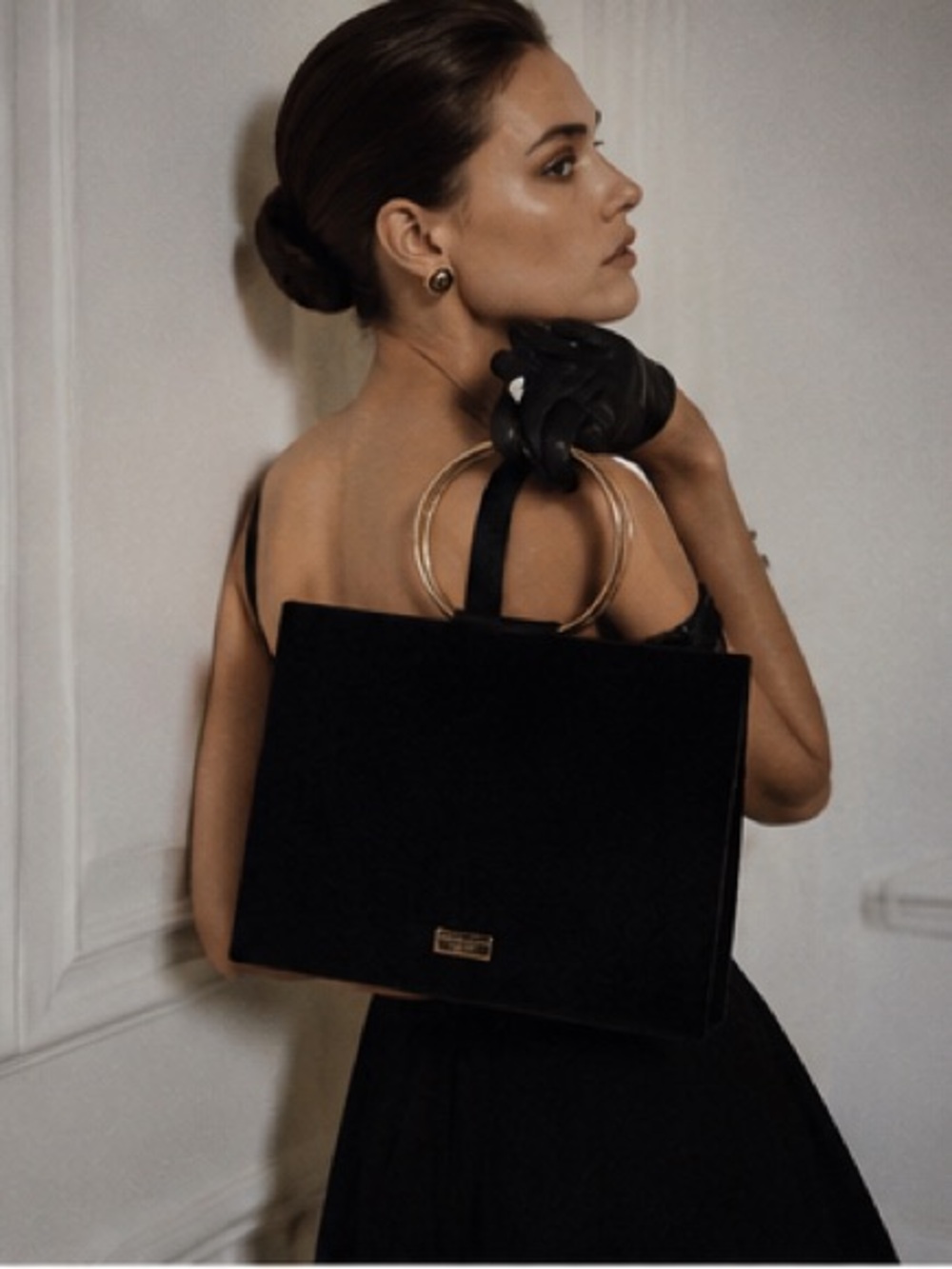 CAROLINA HERRERA Good Girl Black Velvet Gold Hoop Handle Tote Bag | 10 x 14